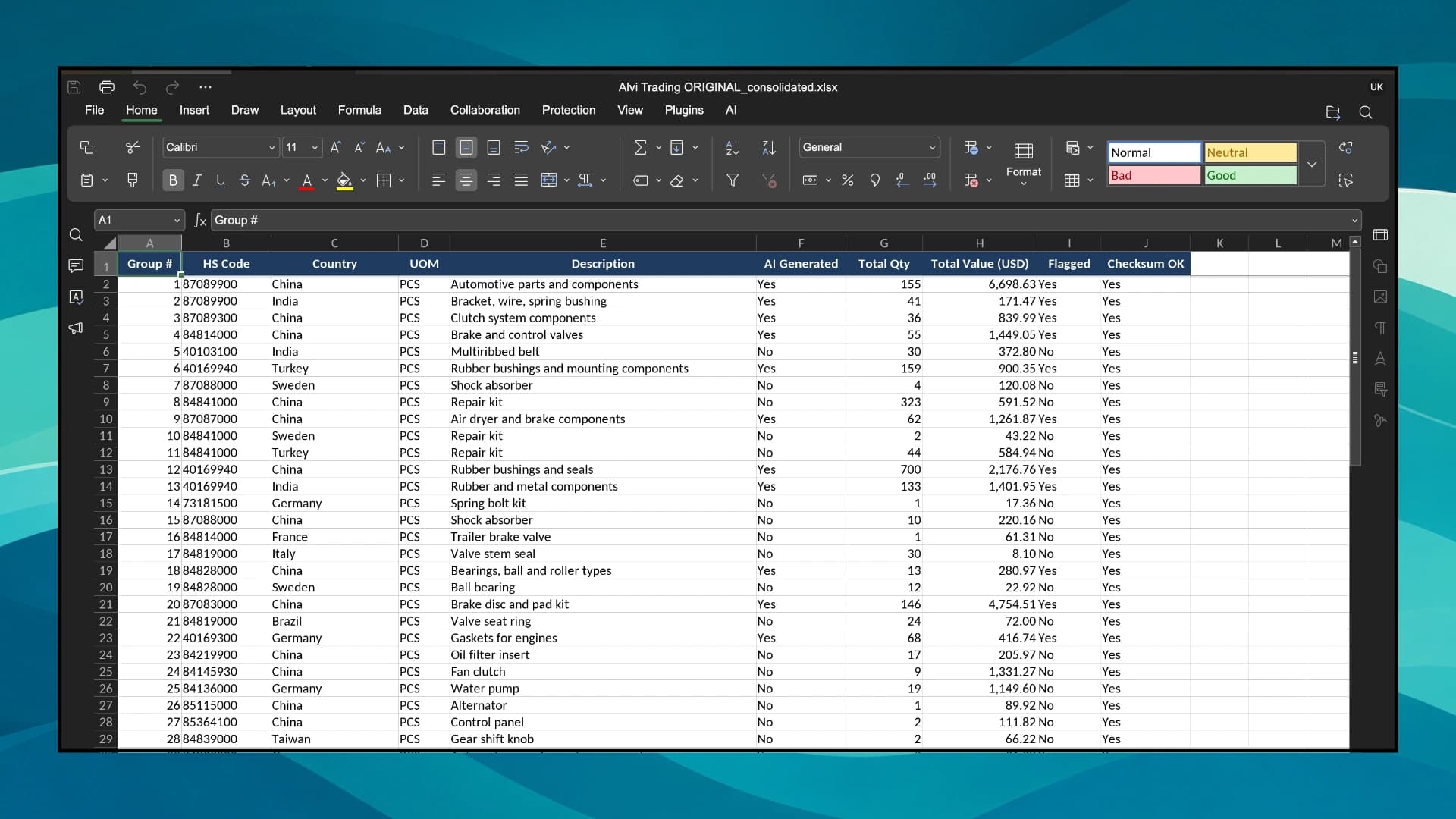 Final consolidated invoice exported to Excel with grouped totals