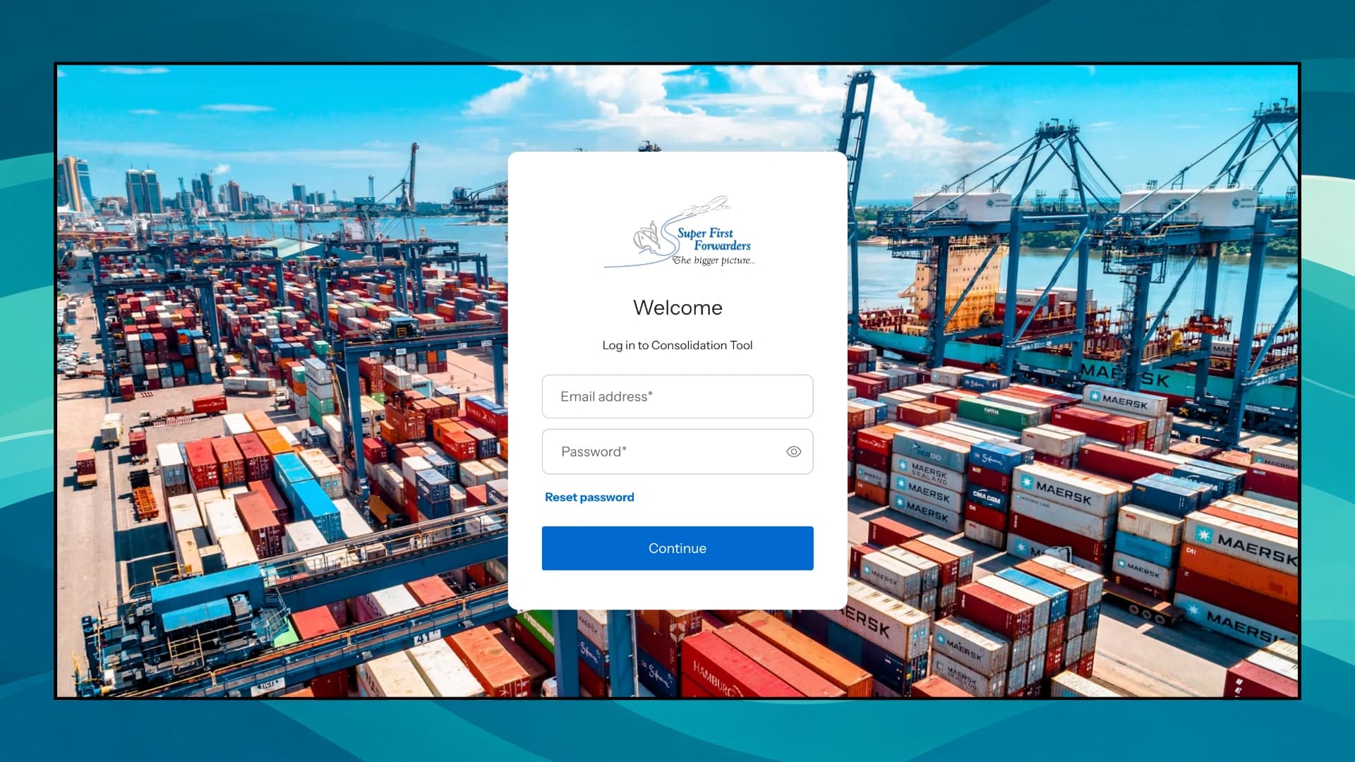 Consolidation Tool login screen, branded for a freight forwarder client