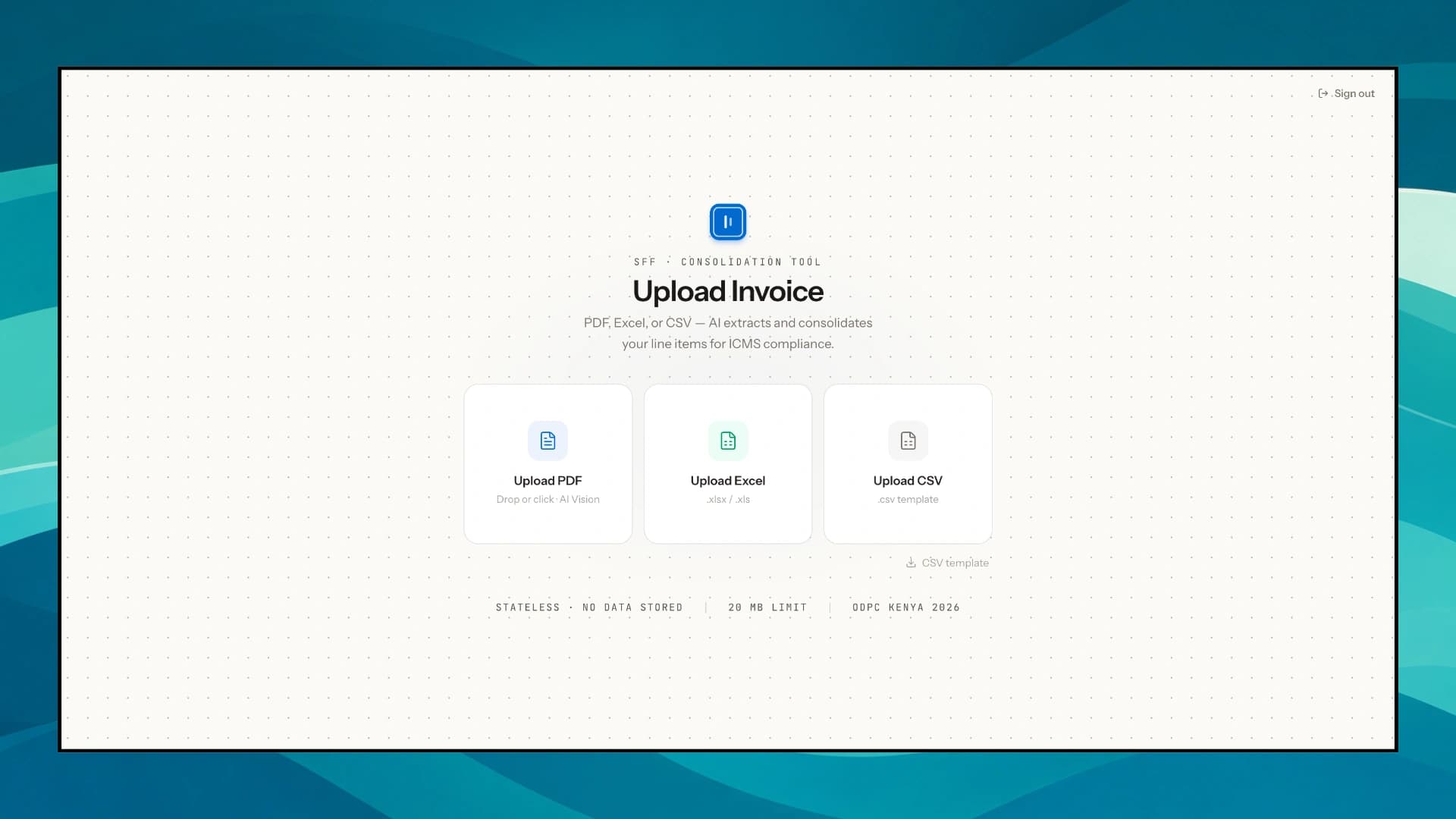 Upload Invoice screen accepting a PDF, Excel, or CSV file