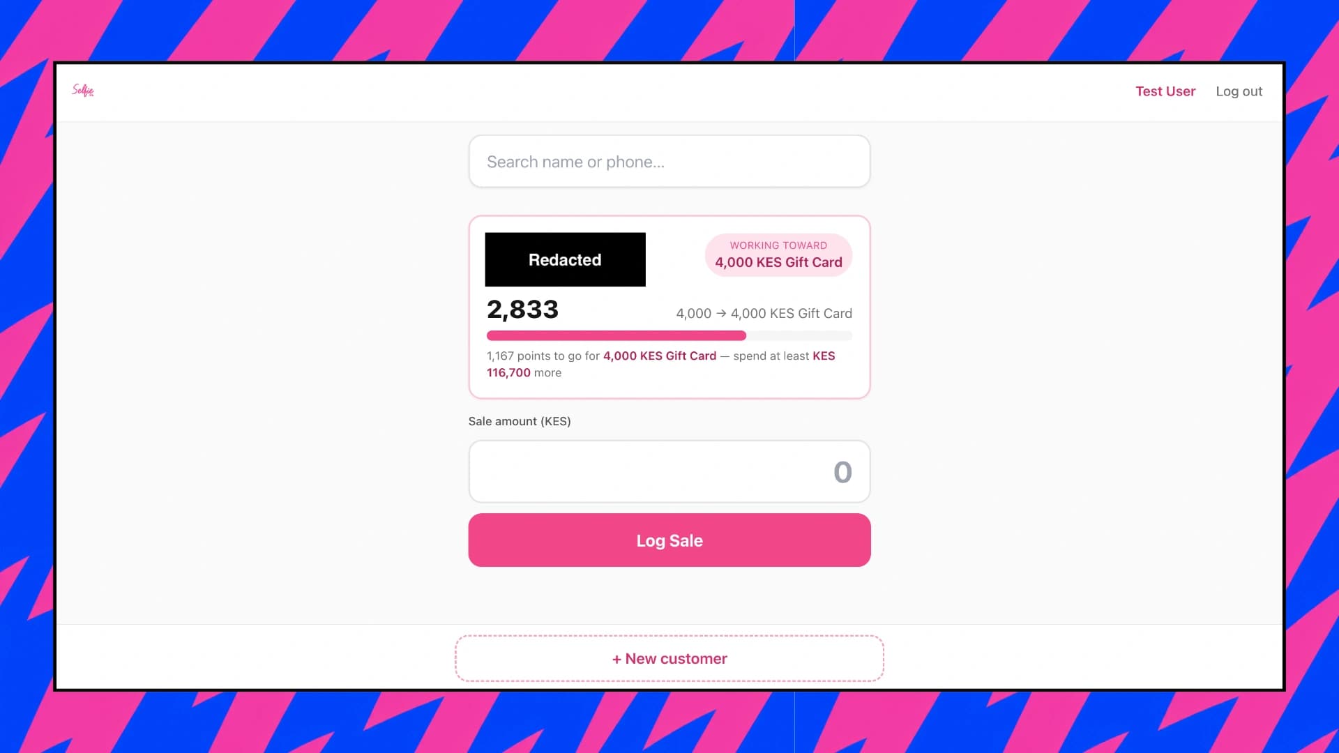 Sale logging screen showing a customer's live progress toward their next reward