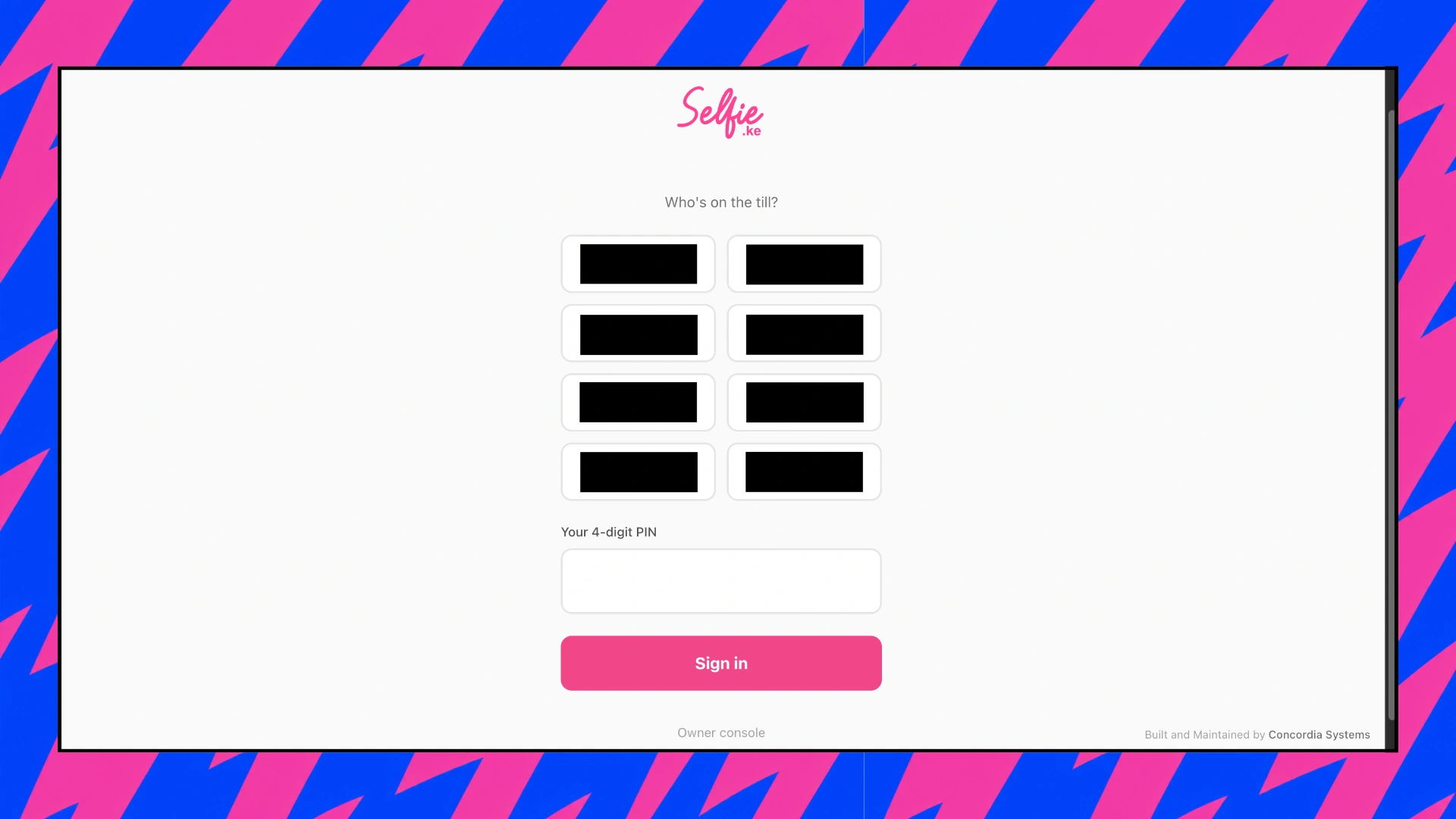 Till staff sign-in screen using a name and 4-digit PIN