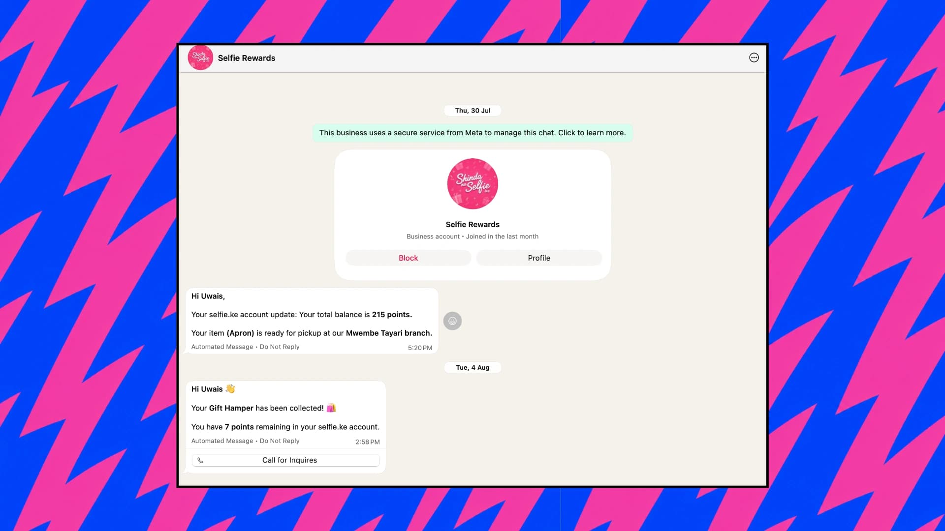 Automated WhatsApp message confirming a customer's reward was collected
