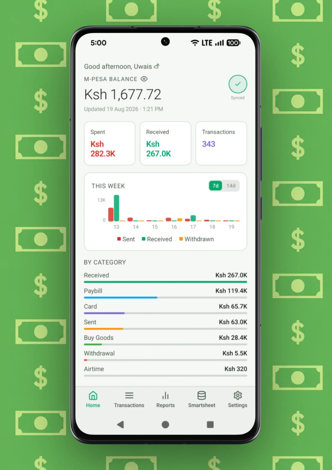 Sheetsync home screen showing M-Pesa balance and weekly spending chart