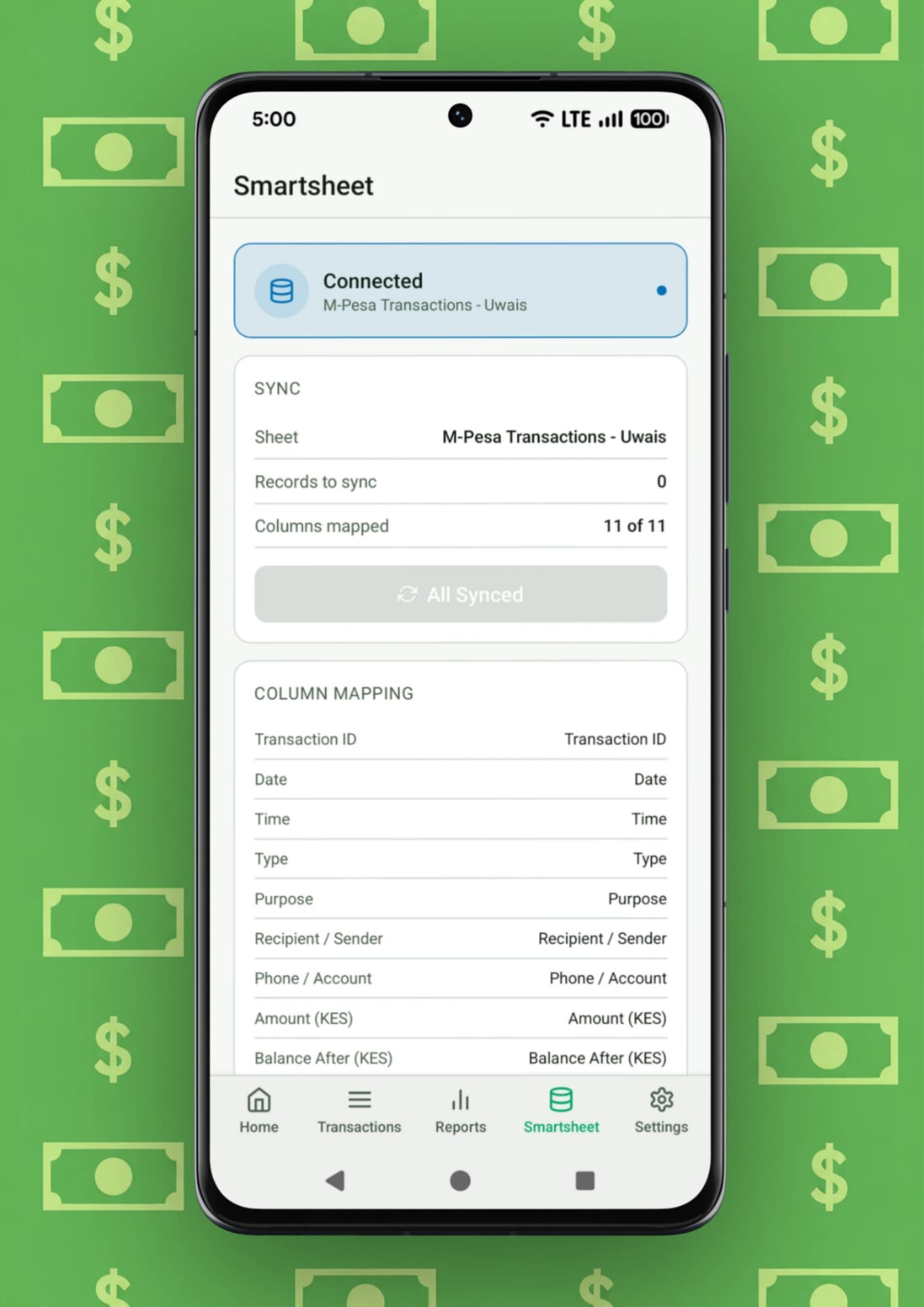 Smartsheet connection status with all transaction columns mapped
