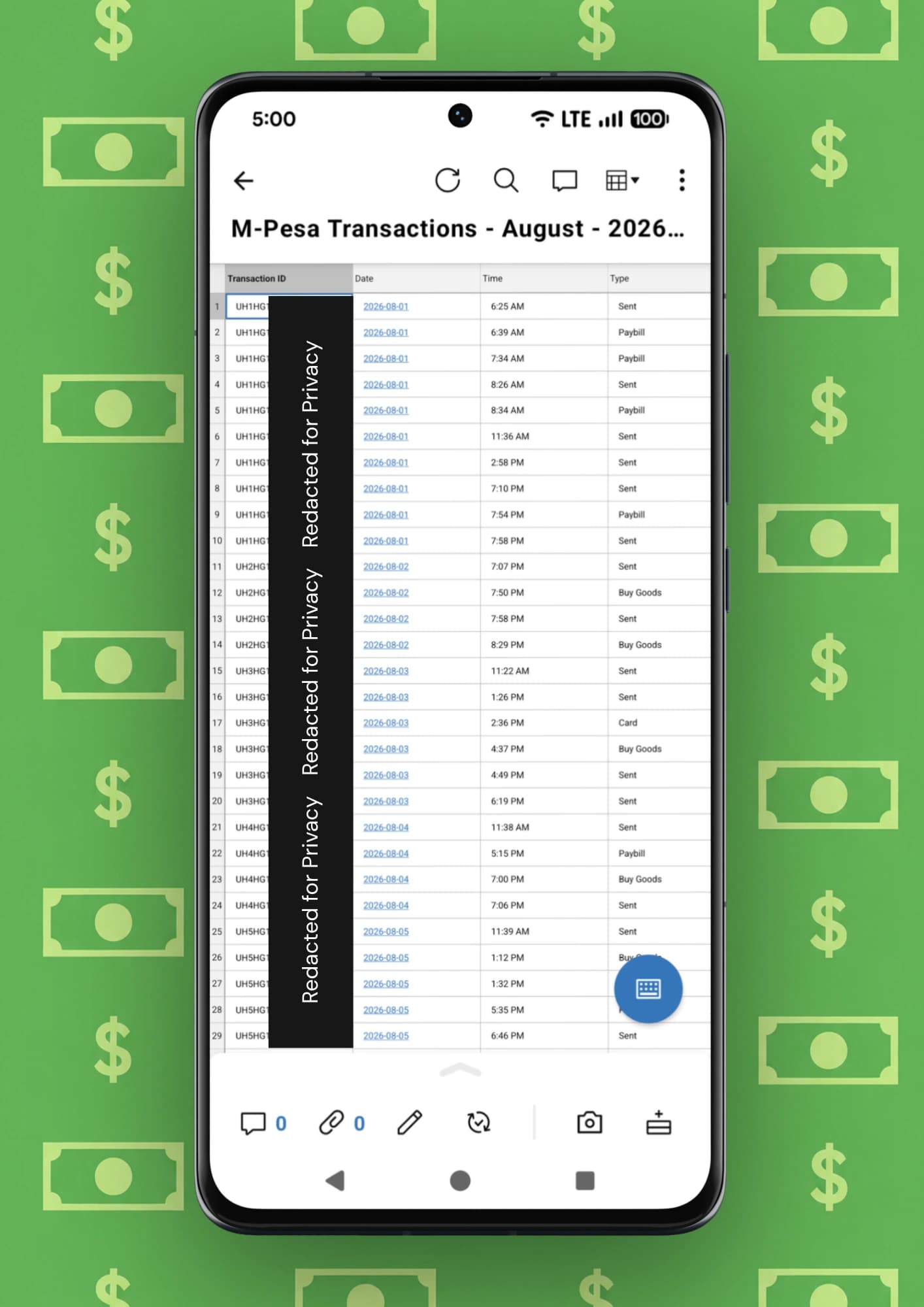M-Pesa transactions synced automatically into the user's own Smartsheet