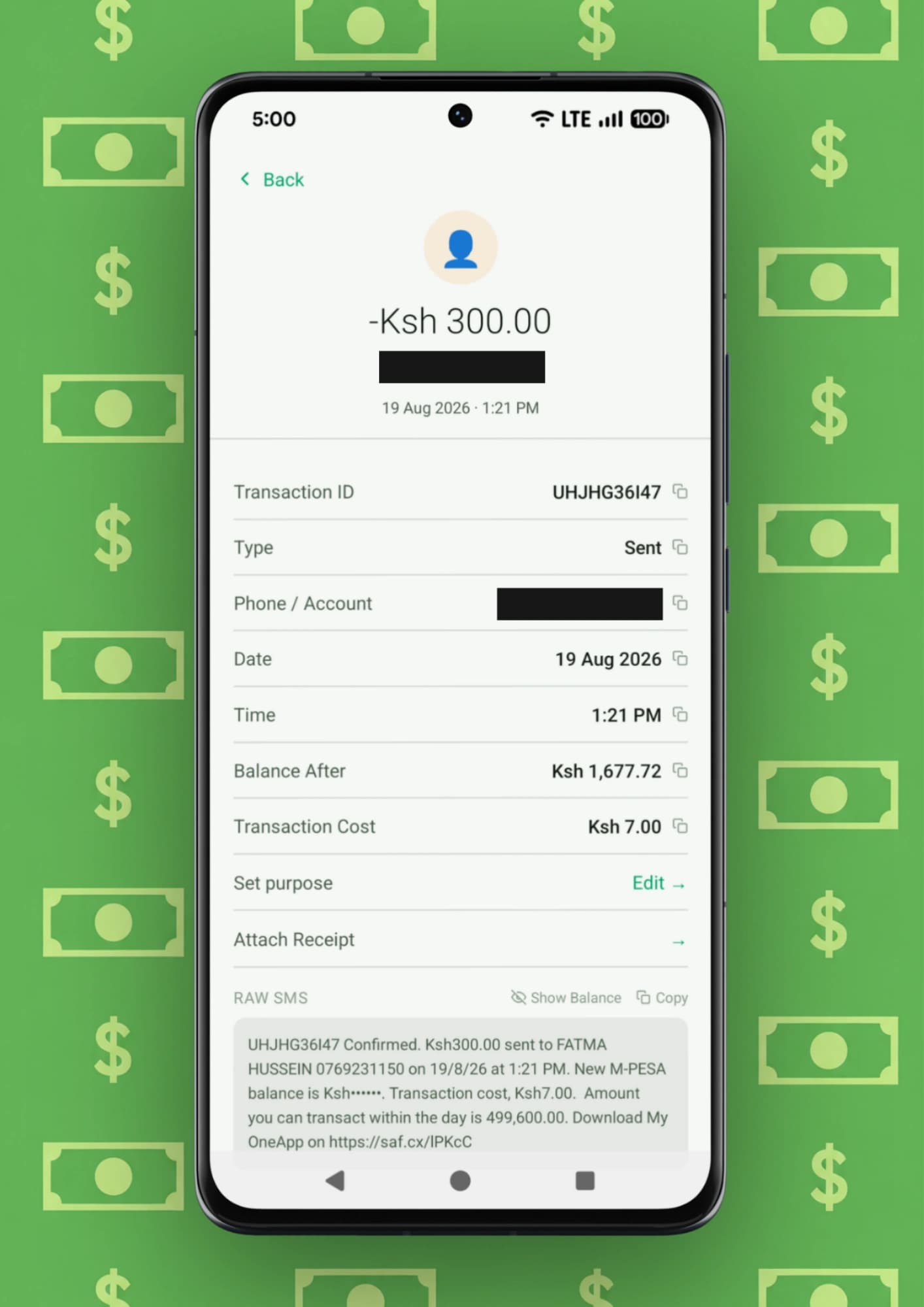 Transaction detail screen showing the original M-Pesa SMS it was parsed from