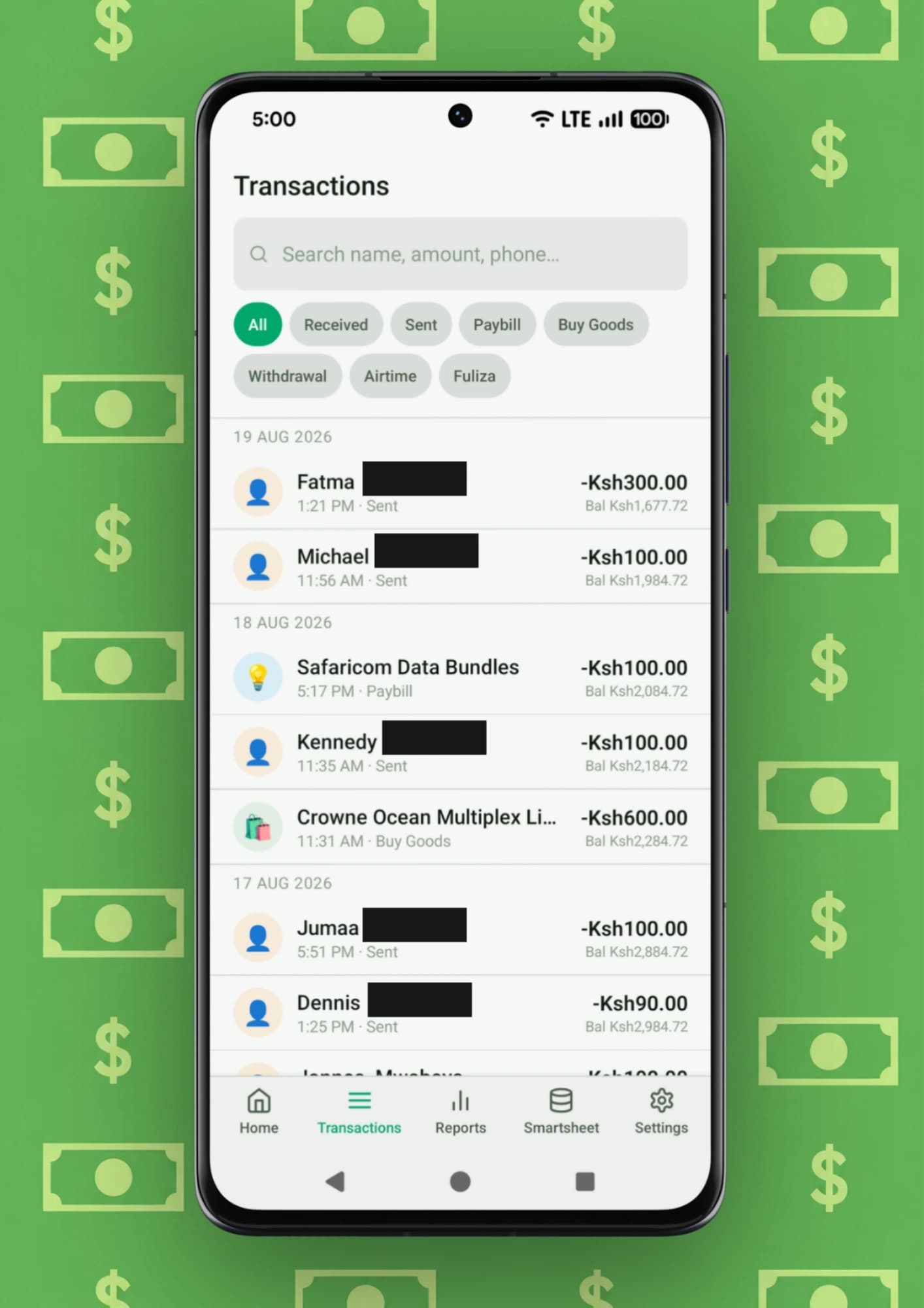 Transaction list filterable by type, such as Sent, Paybill, or Buy Goods